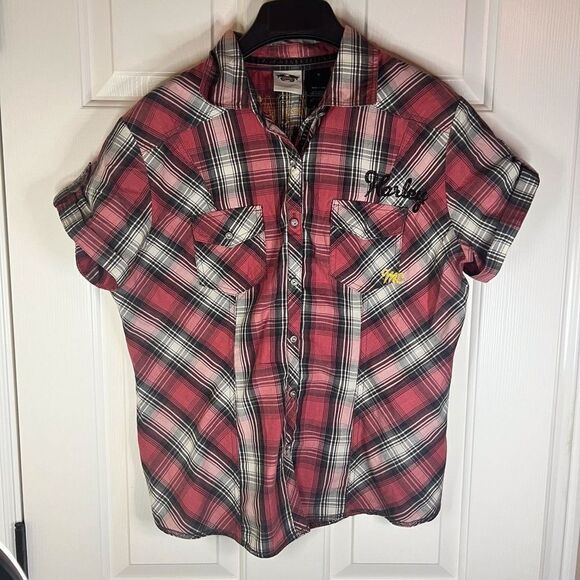 Harley Davidson Mens Plaid Size Large Button‎ Up with Decal Bikercore Grunge - Picture 1 of 12